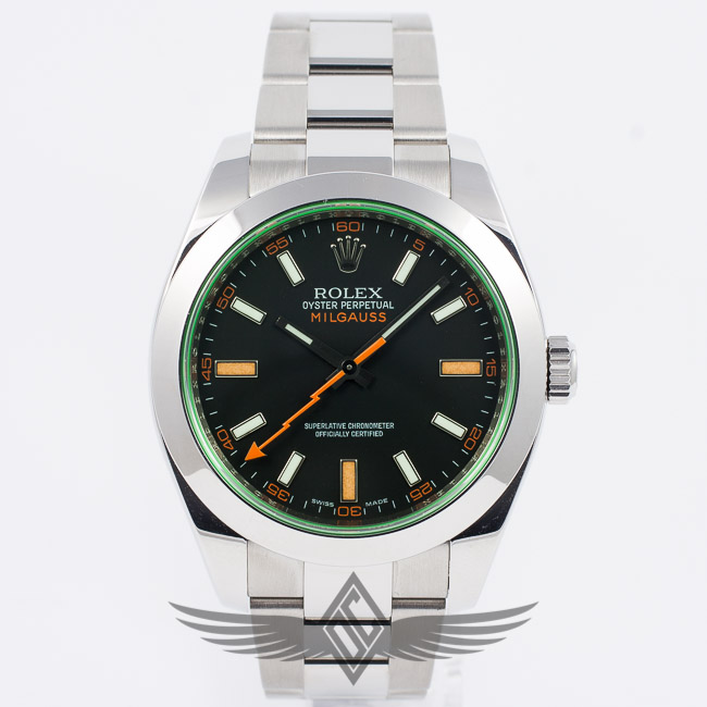 Rolex Milgauss Green Crystal Orange Lightning Bolt Seconds Hand Black Dial Watch 116400V