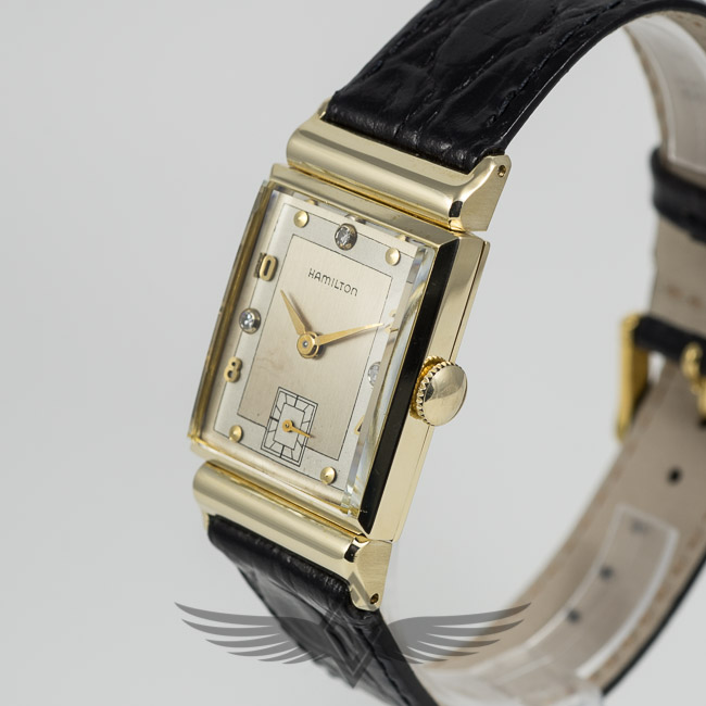 Hamilton Manual Wind 14K Yellow Gold Case Silver Diamond Dial Vintage Watch