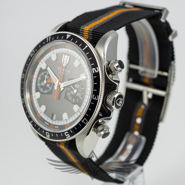 Tudor Heritage Chronograph Grey Black Dial Black Orange NATO Woven Strap Stainless Steel Case Automatic Watch 70330N