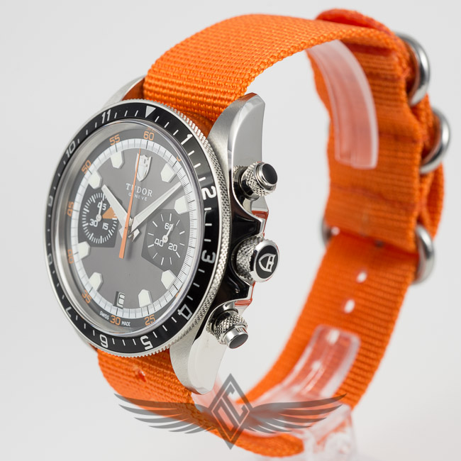 Tudor Heritage Chronograph Grey Black Dial Orange NATO Woven Strap Stainless Steel Case Automatic Watch 70330N