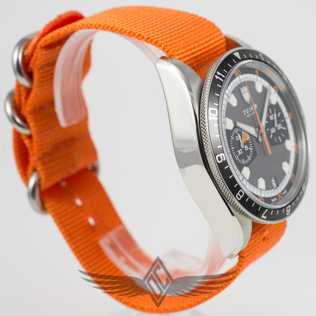 Tudor Heritage Chronograph Grey Black Dial Orange NATO Woven Strap Stainless Steel Case Automatic Watch 70330N