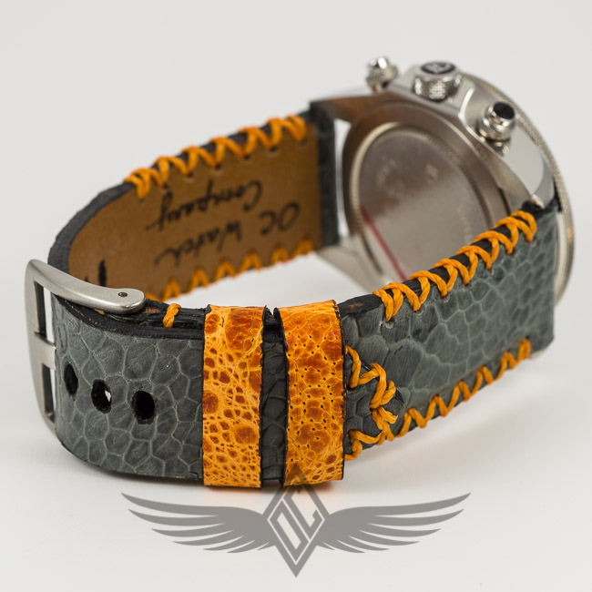 Custom Made Grey Ostrich Leg Watch Strap Orange Tribal Stitching 22mm X 22mm Brushed Buckle Tudor Heritage Chronograph 70330N. Replacement Straps for Tudor Watches.