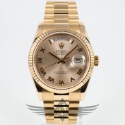 Rolex Day-Date 36mm Rose Gold Case President Bracelet Champagne Roman Dial Fluted Bezel Automatic Watch 118235