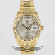 Rolex Day-Date 36mm Yellow Gold Case President Bracelet Silver Diamond Dial Fluted Bezel Automatic Watch 118238