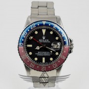 Rolex GMT Master 1675 Stainless Steel Rivet Bracelet Black Dial Blue Red Pepsi Bezel circa 1971