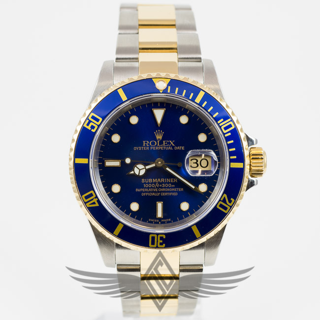 Rolex Submariner Stainless Steel Yellow Gold Oyster Bracelet Blue Dial Blue Bezel Automatic Dive Watch 16613
