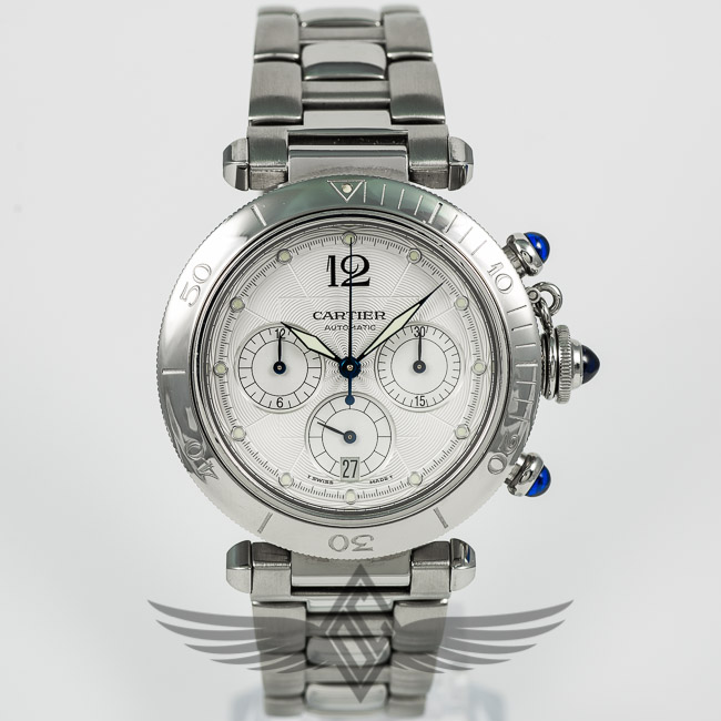 Cartier Pasha Chronograph Silver Dial Blue Sapphire Pushers and Crown Automatic Watch W31030H3