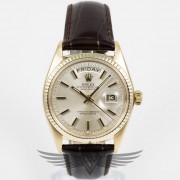 Rolex Day-Date President 18K Yellow Gold 36mm Case Silver Stick Dial Brown Alligator Strap Automatic Vintage Watch 1803
