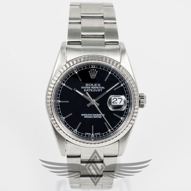 Rolex Datejust 36mm Stainless Steel Case Oyster Bracelet White Gold Fluted Bezel Black Dial Watch 162345