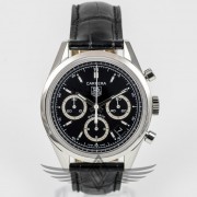 Tag Heuer Carrera CV21130 Re Edition Black Dial White Sub Dial Rings 36mm Stainless Steel Case Black Crocodile Strap Deployment Buckle Automatic Chronograph Watch