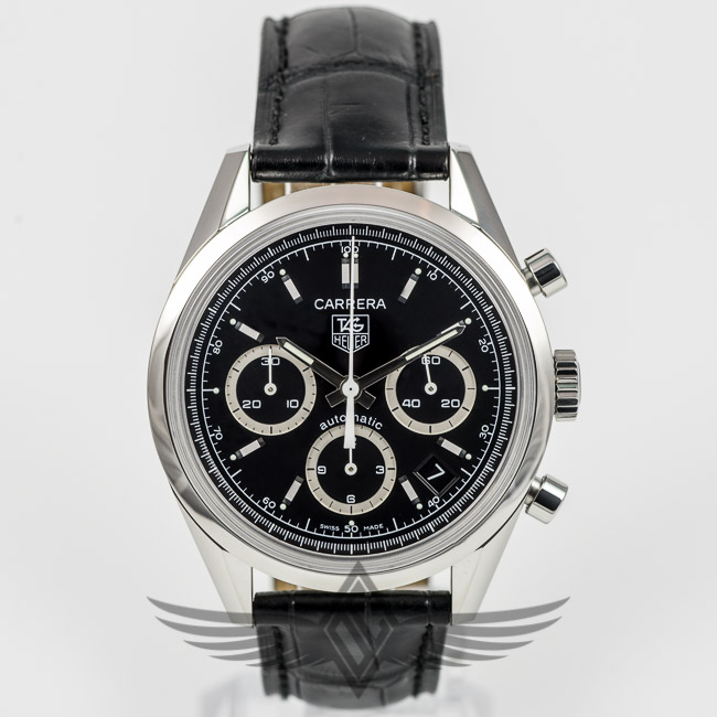 Tag Heuer Carrera CV21130 Re Edition Black Dial White Sub Dial Rings 36mm Stainless Steel Case Black Crocodile Strap Deployment Buckle Automatic Chronograph Watch