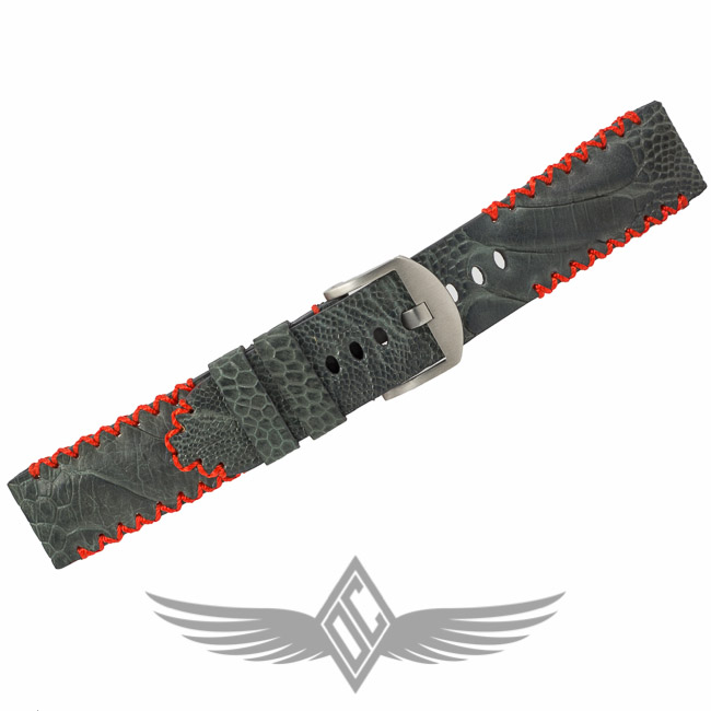 Custom Grey Ostrich Leg Tangerine Tribal Stitching 22mm X 22mm Watch Strap