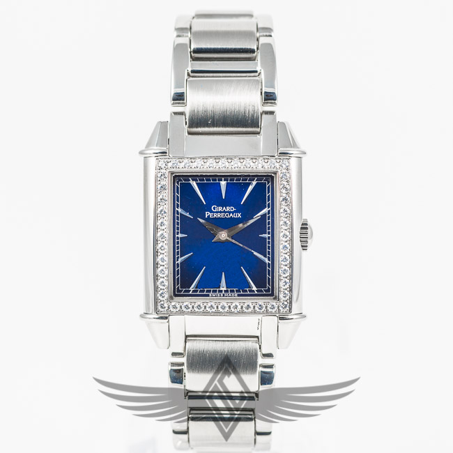 Girard Perregaux Vintage 1945 2591 Stainless Steel Case Bracelet Diamond Bezel Blue Dial Ladies Watch