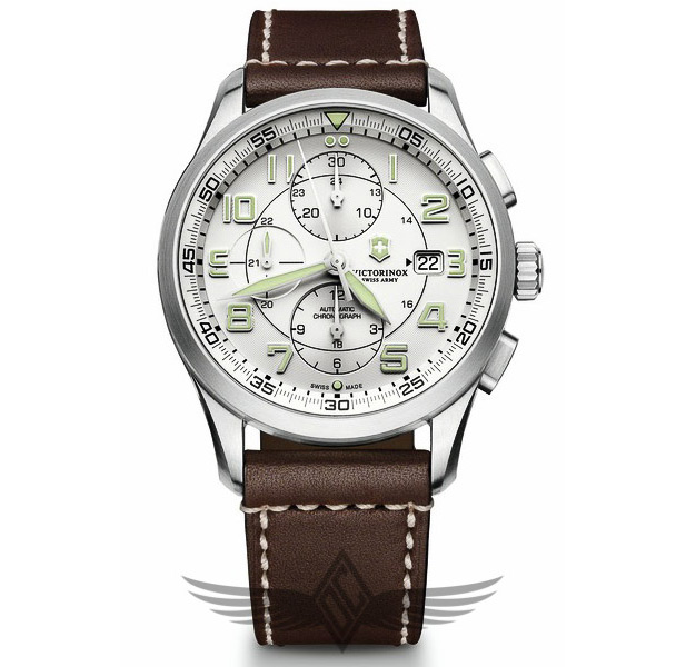 Victorinox Swiss Army AirBoss Mechanical Chronograph 42mm Steel Case Leather Strap White Dial Mens Watch 241598