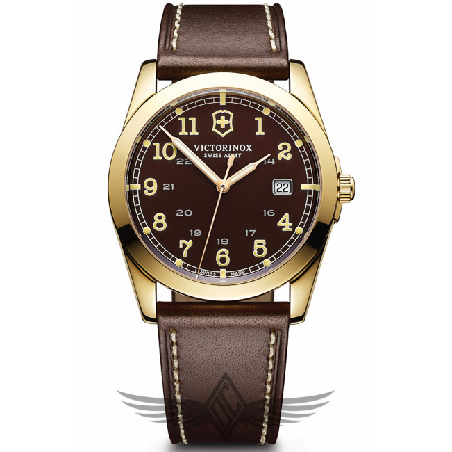 Victorinox Swiss Army Infantry 40mm Gold PVD Case Leather Strap Brown Dial Quartz Watch 241645