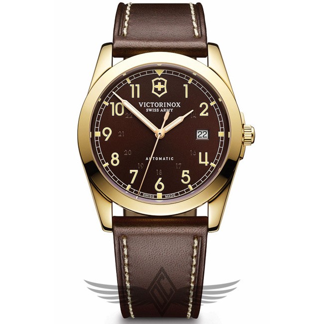 Victorinox Swiss Army Infantry 40mm Gold PVD Case Leather Strap Brown Dial Automatic Watch 241646