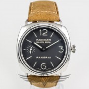 Panerai PAM00183 Radiomir Black Seal 45mm Steel Case Black Dial Brown Assolamante Style Strap Manual Wind Watch