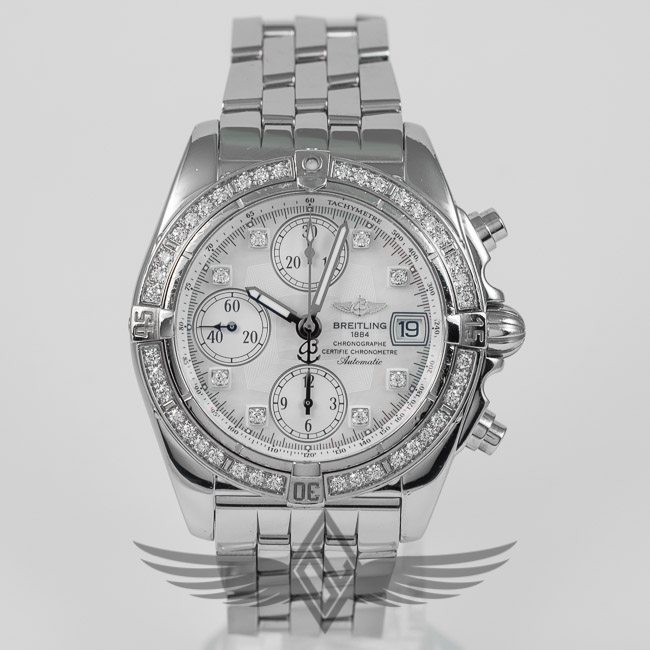 Breitling Chrono Cockpit Stainless Steel 39mm Diamond Bezel Mother of Pearl Diamond Dial Automatic Watch A13358
