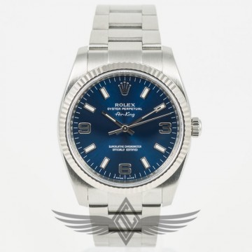 Rolex Air King 34mm Stainless Steel Case Blue Dial White Gold Fluted Bezel Oyster Bracelet Watch 114234
