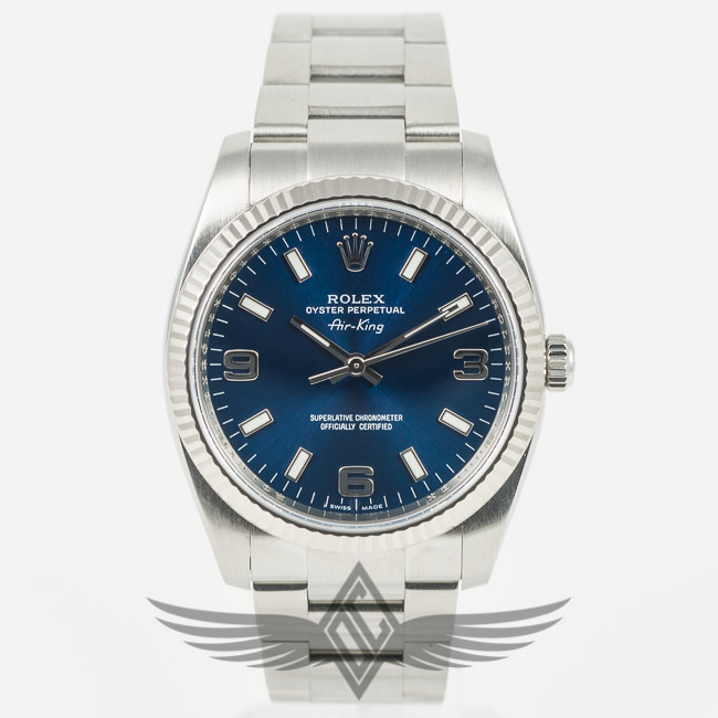 Rolex Air King 34mm Stainless Steel Case Blue Dial White Gold Fluted Bezel Oyster Bracelet Watch 114234