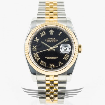 Rolex Datejust 36mm Steel and Gold Jubilee Bracelet Black Sunbeam Dial Yellow Gold Fluted Bezel Watch 116233