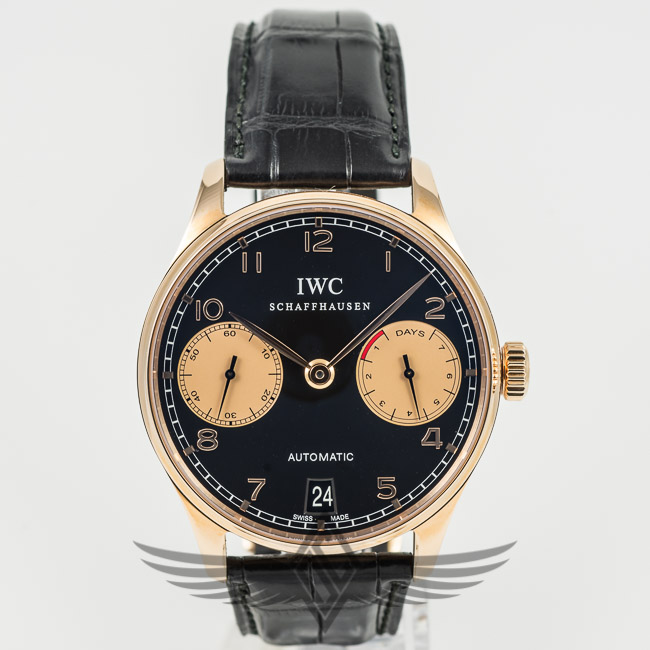 IWC Portuguese 7 Day Power Reserve 42mm Rose Gold Case Black Dial Yellow Sub Dials Limited Boutique Edition Automatic Watch IW500121