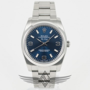 Rolex Air King 34mm Stainless Steel Case Smooth Bezel Oyster Bracelet Blue 3-6-9 Dial Automatic Watch 114200