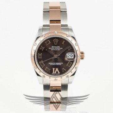 Rolex Datejust 31mm Stainless Steel Case Rose Gold Sprinkled Diamond Bezel Chocolate Dial Diamond Roman Numeral 6 Ladies Watch 168341