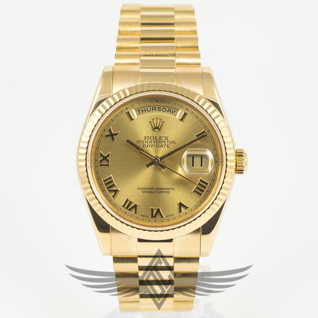 Rolex Day-Date 36mm Yellow Gold Case President Bracelet Champagne Roman Numeral Dial Automatic Watch 118238