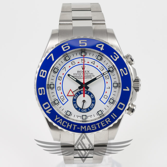 Rolex Yacht-Master 2 44mm Stainless Steel Case Blue Ceramic Bezel White Dial Oyster Bracelet Watch 116680