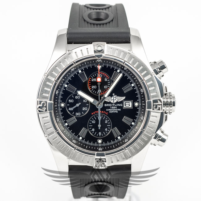 Breitling Super Avenger 48mm Steel Case Black Dial Stick Markers Black Rubber Pro Diver Strap Automatic Chronograph Watch A13370