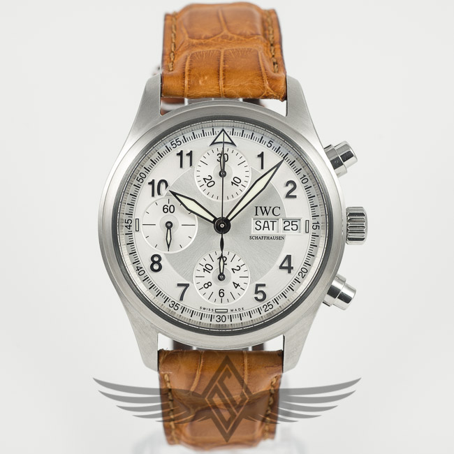 IWC Spitfire 39mm Day-Date Chronograph Steel Case Silver Dial Brown Alligator Strap Automatic Watch IW3706-23