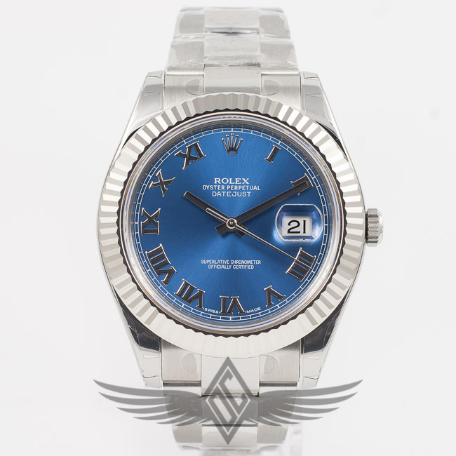 Rolex Datejust 2 41mm Steel Case Blue Roman Dial White Gold Fluted Bezel Steel Oyster Bracelet Watch 116334