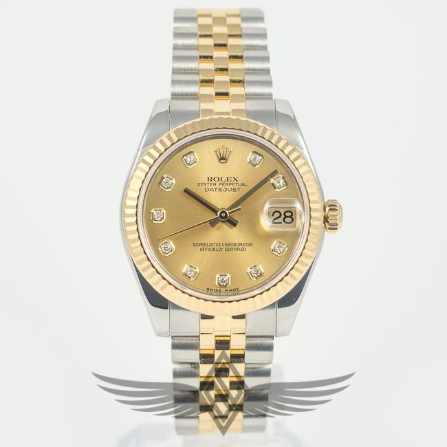 Rolex Datejust 31mm Steel Case Champagne Diamond Dial Yellow Gold Fluted Bezel Steel and Gold Jubilee Bracelet Automatic Watch 178273