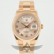 Rolex Day-Date 18K Rose Gold 36mm Case Fluted Bezel Oyster Bracelet Rose Roman Numeral Dial Automatic Watch 118205