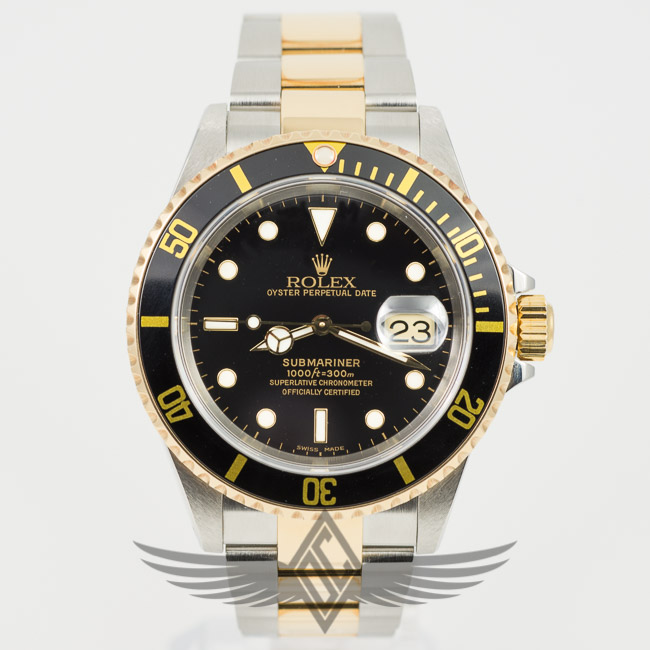 Rolex Submariner 40mm Steel and Gold Oyster Bracelet Black Dial Black Bezel Automatic Dive Watch 16613