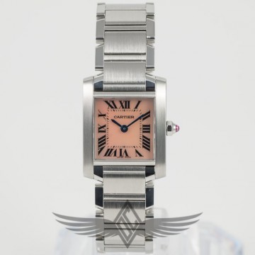 Cartier Tank Francaise Steel Case and Bracelet Pink Mother of Pearl Roman Numeral Dial Ladies Watch W51028Q3