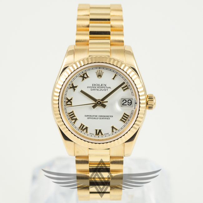 Rolex Datejust 31mm Yellow Gold Case and President Bracelet White Roman Numeral Dial Fluted Bezel Automatic Watch 178278
