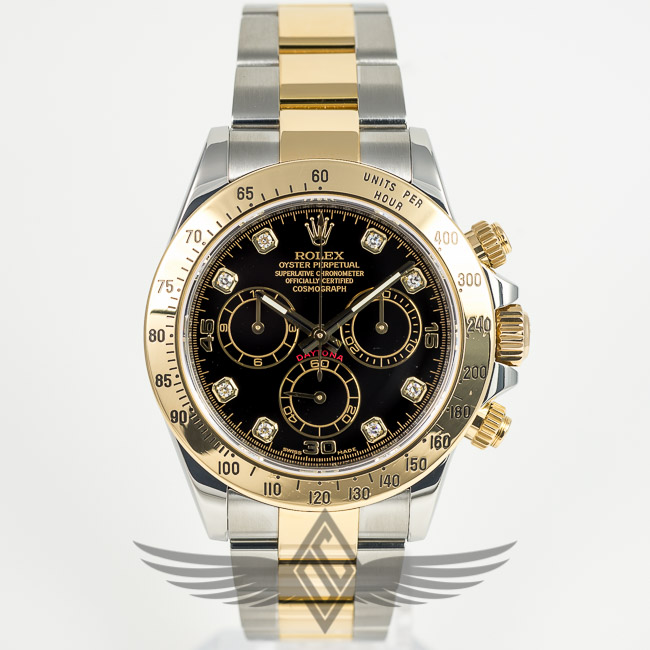 Rolex Daytona Steel Gold Oyster Bracelet Black Diamond Dial Automatic Chronograph Watch 116523
